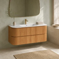 Lavantri Eleonora rond badmeubel met ribbelfront 120cm acacia met 2 lades en keramiek wastafel met kraangat