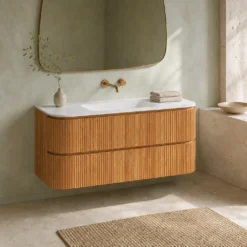 Lavantri Eleonora rond badmeubel met ribbelfront 120cm acacia met 2 lades en keramiek wastafel zonder kraangat