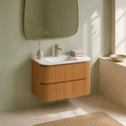 Lavantri Eleonora rond badmeubel met ribbelfront 80cm acacia met 2 lades en keramiek wastafel met kraangat