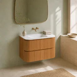 Lavantri Eleonora rond badmeubel met ribbelfront 80cm acacia met 2 lades en keramiek wastafel zonder kraangat