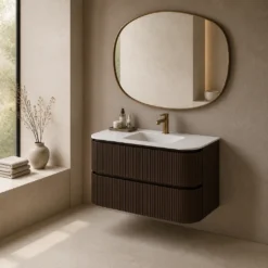 Lavantri Eleonora rond badmeubel met ribbelfront 100cm walnoot met 2 lades en keramiek wastafel met kraangat