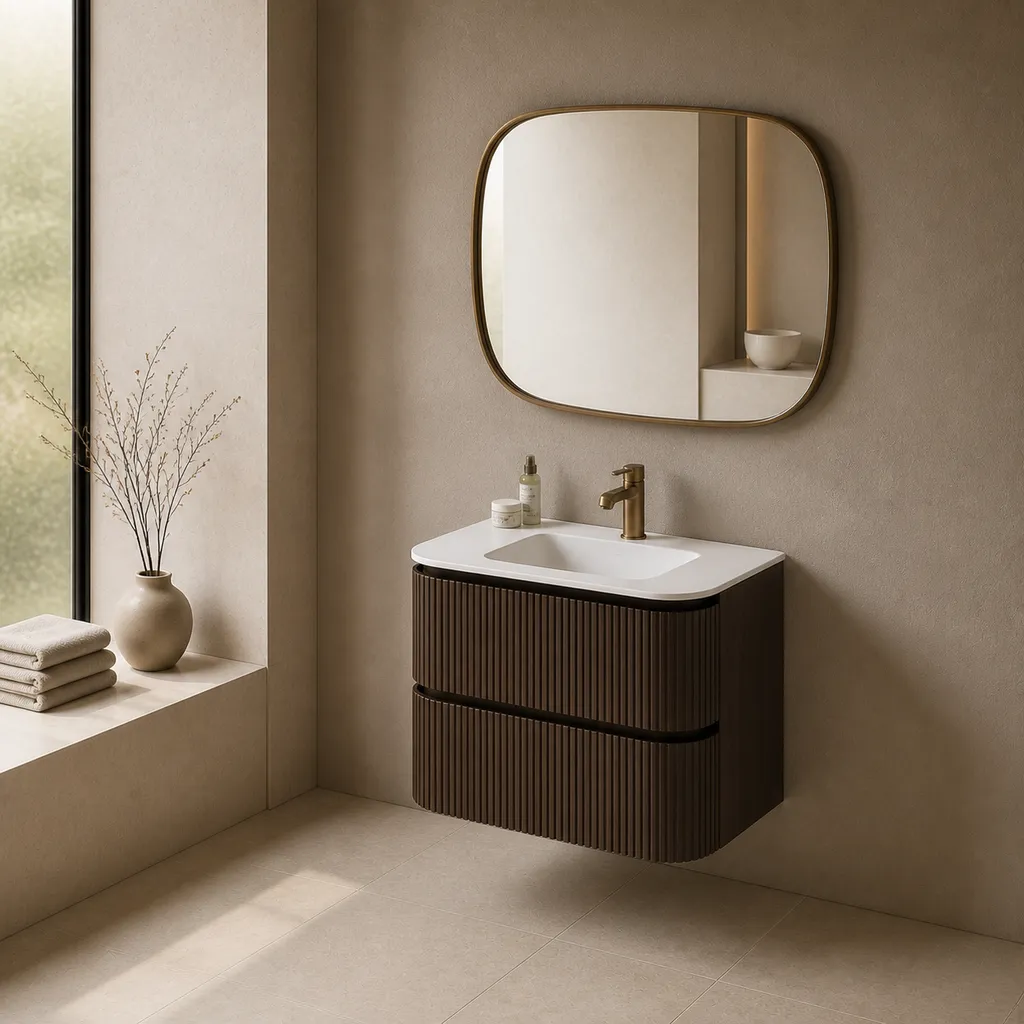 Lavantri Eleonora rond badmeubel met ribbelfront 80cm walnoot met 2 lades en keramiek wastafel met kraangat 1 Lavantri Eleonora rond badmeubel met ribbelfront 80cm walnoot met 2 lades en keramiek wastafel met kraangat