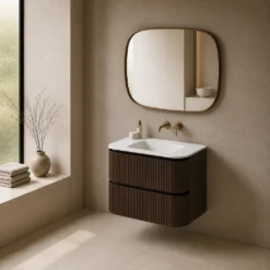 Lavantri Eleonora rond badmeubel met ribbelfront 80cm walnoot met 2 lades en keramiek wastafel zonder kraangat
