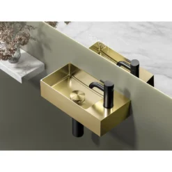 Afbeelding 2 Sapho Aurum RVS wastafel, 36,5x18cm, inclusief afvoer, links/rechts, mat goud