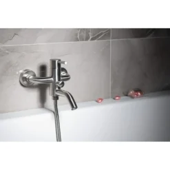 Afbeelding 2 Sapho Minimal Wandgemonteerde badmengkraan, mat RVS