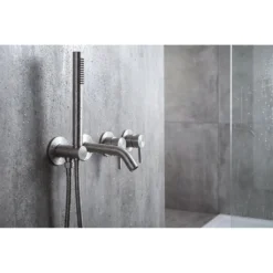 Afbeelding 2 Sapho Minimal Inbouwbadmengkraan met uitgang en handdouche, 2 uitgangen, mat RVS