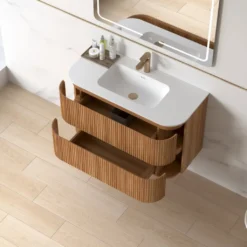 Afbeelding 2 Lavantri Eleonora rond badmeubel met ribbelfront 100cm acacia met 2 lades en solid surface wastafel zonder kraangat
