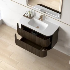 Afbeelding 2 Lavantri Eleonora rond badmeubel met ribbelfront 100cm walnoot met 2 lades en solid surface wastafel zonder kraangat