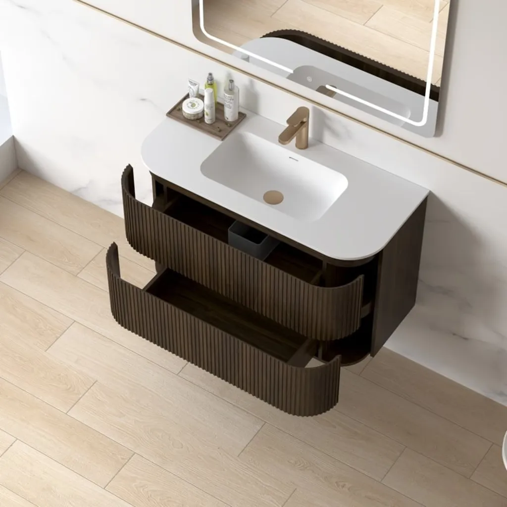 Lavantri Eleonora rond badmeubel met ribbelfront 100cm walnoot met 2 lades en solid surface wastafel zonder kraangat 2 Afbeelding 2 Lavantri Eleonora rond badmeubel met ribbelfront 100cm walnoot met 2 lades en solid surface wastafel zonder kraangat