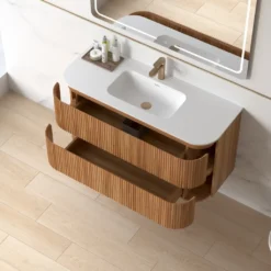 Afbeelding 2 Lavantri Eleonora rond badmeubel met ribbelfront 120cm acacia met 2 lades en solid surface wastafel met kraangat