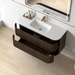 Afbeelding 2 Lavantri Eleonora rond badmeubel met ribbelfront 120cm walnoot met 2 lades en solid surface wastafel met kraangat
