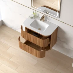 Afbeelding 2 Lavantri Eleonora rond badmeubel met ribbelfront 80cm acacia met 2 lades en keramiek wastafel zonder kraangat