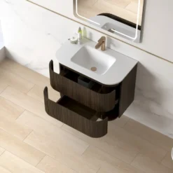 Afbeelding 2 Lavantri Eleonora rond badmeubel met ribbelfront 80cm walnoot met 2 lades en keramiek wastafel met kraangat