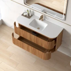 Afbeelding 2 Lavantri Eleonora rond badmeubel met ribbelfront 120cm acacia met 2 lades en keramiek wastafel met kraangat