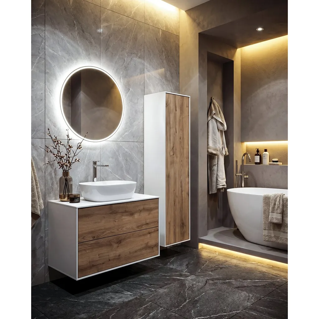 Aqualine Zanya Wastafelonderkast 80x50x46cm, mat wit/eiken emporio 2 Afbeelding 2 Aqualine Zanya Wastafelonderkast 80x50x46cm, mat wit/eiken emporio