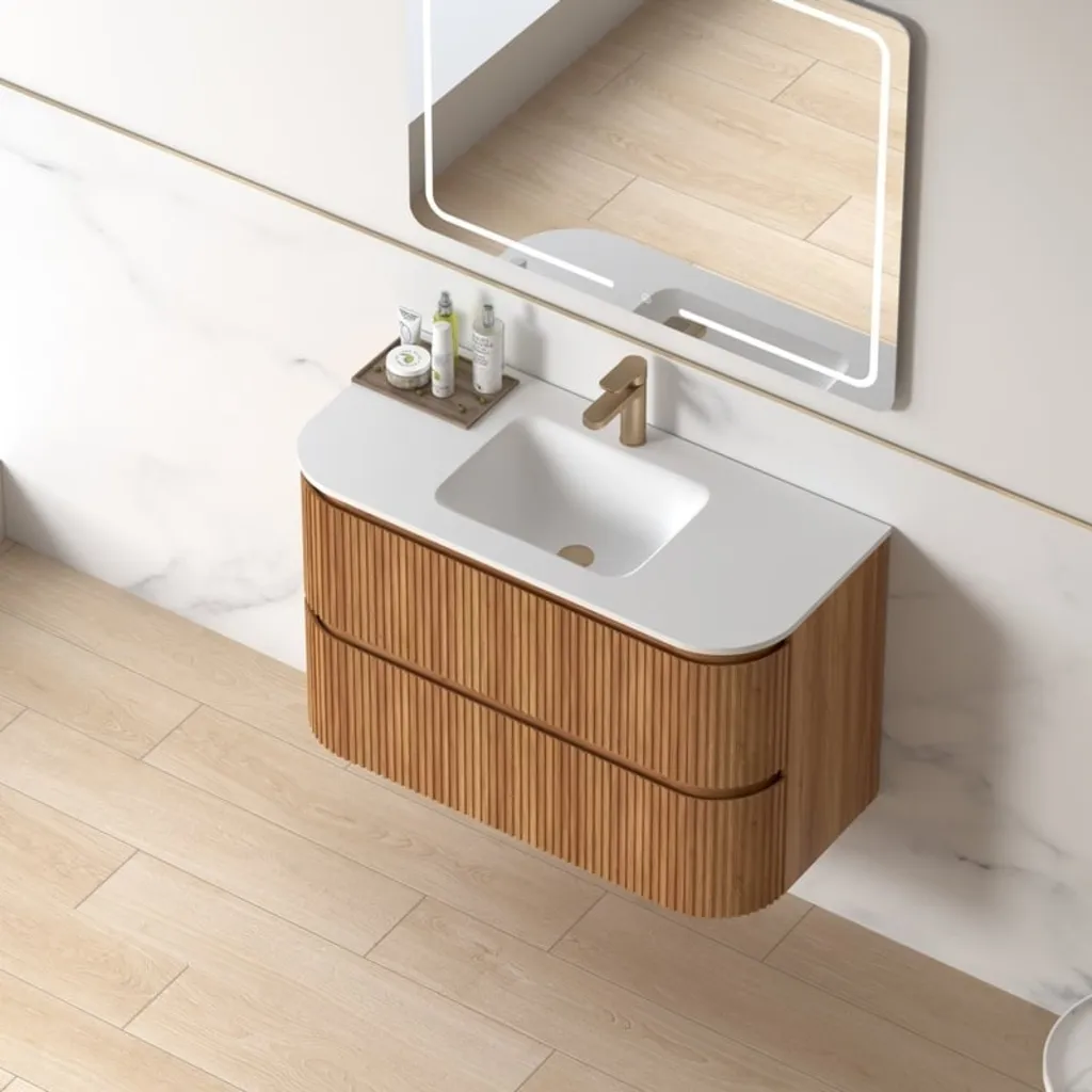Lavantri Eleonora rond badmeubel met ribbelfront 100cm acacia met 2 lades en keramiek wastafel zonder kraangat 3 Afbeelding 3 Lavantri Eleonora rond badmeubel met ribbelfront 100cm acacia met 2 lades en keramiek wastafel zonder kraangat
