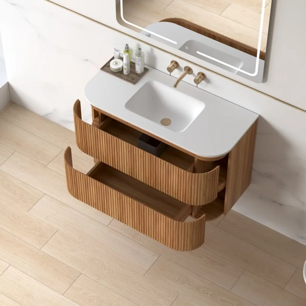 Lavantri Eleonora rond badmeubel met ribbelfront 100cm acacia met 2 lades en keramiek wastafel zonder kraangat 6 Afbeelding 6 Lavantri Eleonora rond badmeubel met ribbelfront 100cm acacia met 2 lades en keramiek wastafel zonder kraangat