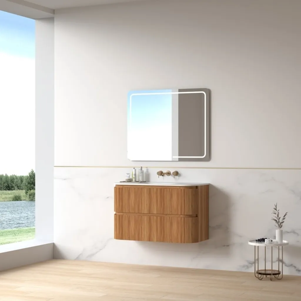 Lavantri Eleonora rond badmeubel met ribbelfront 100cm acacia met 2 lades en keramiek wastafel zonder kraangat 9 Afbeelding 9 Lavantri Eleonora rond badmeubel met ribbelfront 100cm acacia met 2 lades en keramiek wastafel zonder kraangat