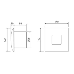 Maattekening 1 Cata Silentis 10 INOX T axiale afzuigventilator met timer, 15W, kanaalaansluiting Ø100mm, geborsteld RVS