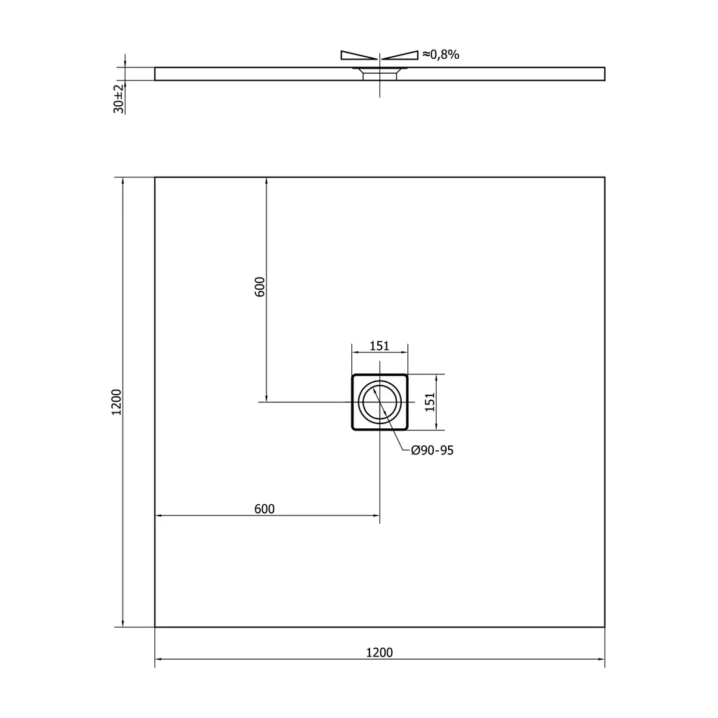 Polysan Flexia Kunstmarmeren douchebak 120x120cm, op maat in te korten 5 Maattekening 1 Polysan Flexia Kunstmarmeren douchebak 120x120cm, op maat in te korten