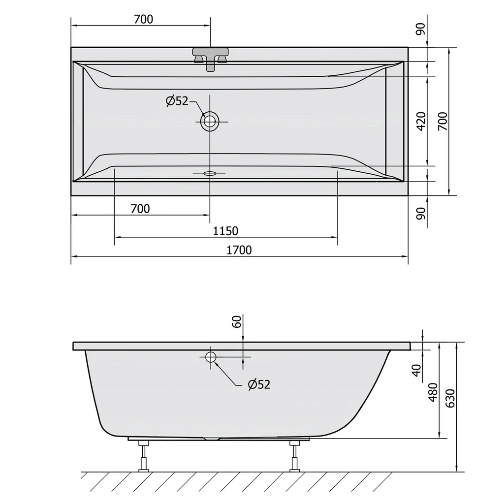 Polysan Cleo Rechthoekig bad 170x70x48cm, grijs 2 Maattekening 1 Polysan Cleo Rechthoekig bad 170x70x48cm, grijs