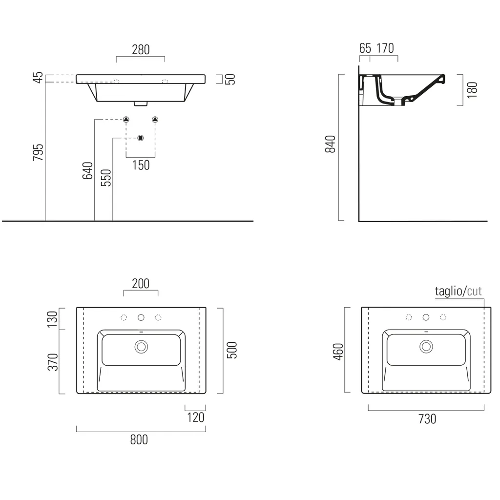 GSI Norm Keramische wastafel 80x50cm, wit ExtraGlaze 7 Maattekening 1 GSI Norm Keramische wastafel 80x50cm, wit ExtraGlaze