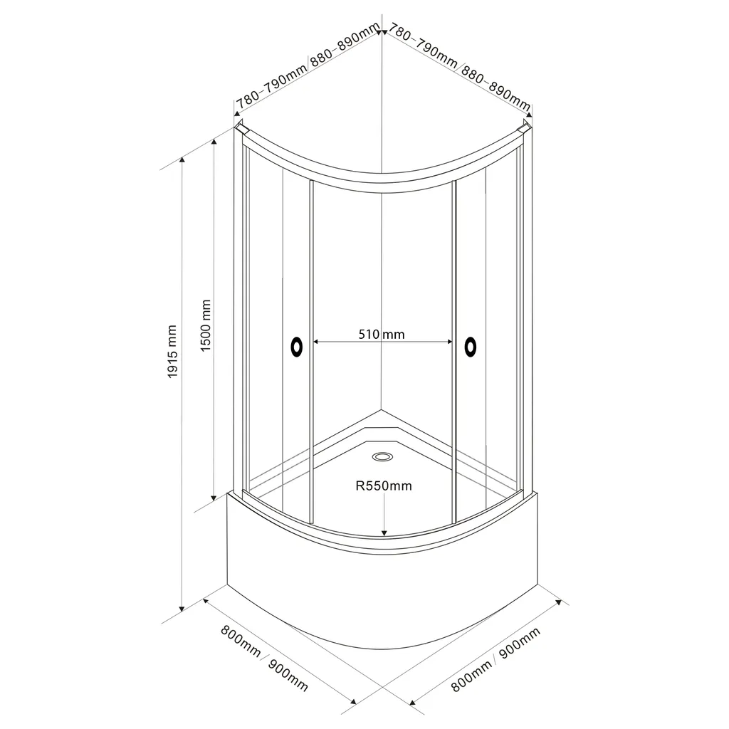 Aqualine Arlen Kwartronde douchecabine 80x80cm, glas met Brick-patroon 4 Maattekening 1 Aqualine Arlen Kwartronde douchecabine 80x80cm, glas met Brick-patroon
