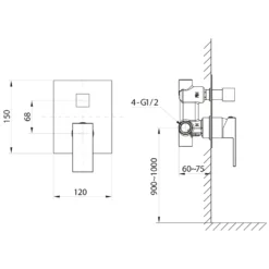 Maattekening 1 Sapho Cubemix Inbouwdouchemengkraan, 2 uitgangen, chroom