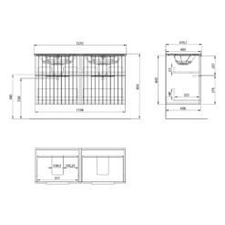 Maattekening 1 Sapho Cirasa Strip Wastafelonderkast 118,4x64x46cm, mat wit