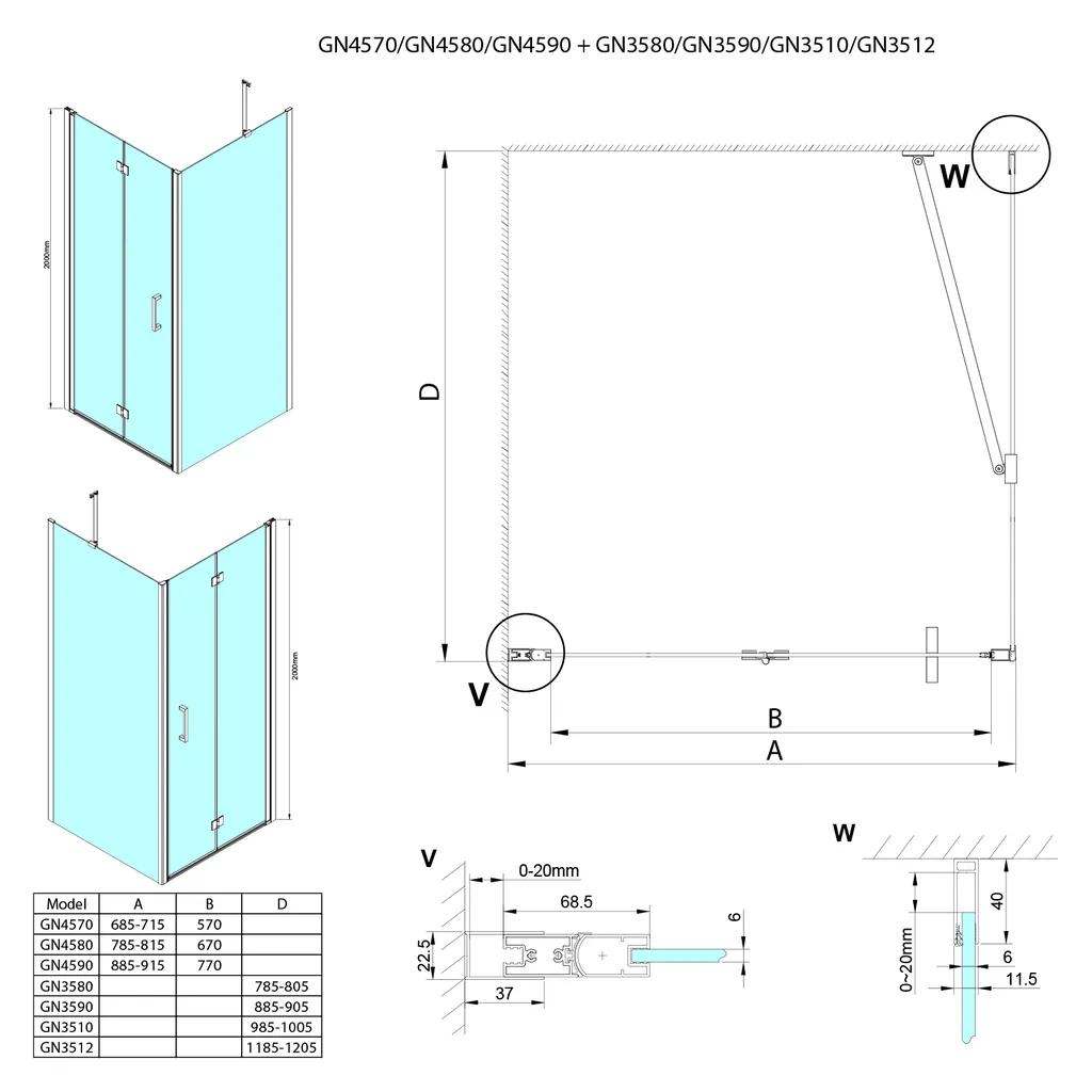 Gelco Loro Rechthoekige douchecabine 70x120cm 3 Maattekening 1 Gelco Loro Rechthoekige douchecabine 70x120cm