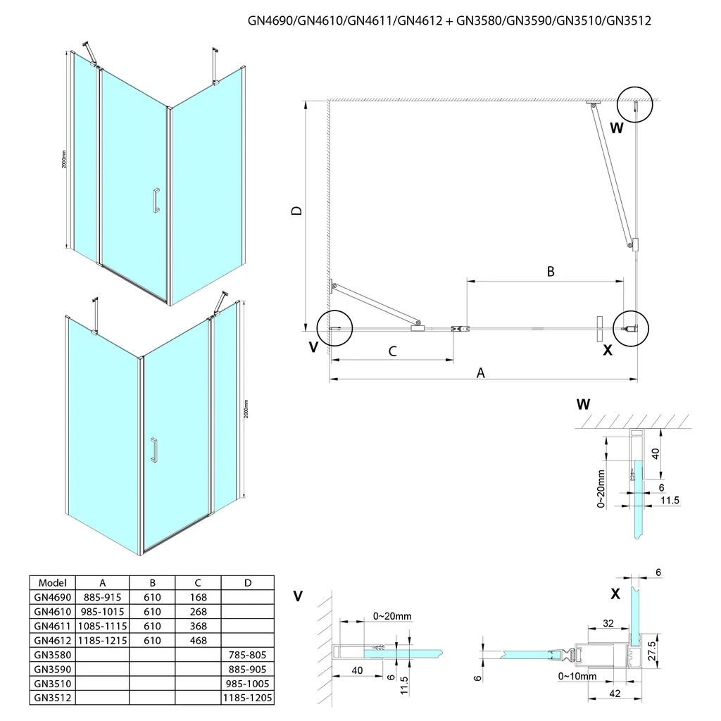 Gelco Loro Rechthoekige douchecabine 100x80cm 5 Maattekening 1 Gelco Loro Rechthoekige douchecabine 100x80cm