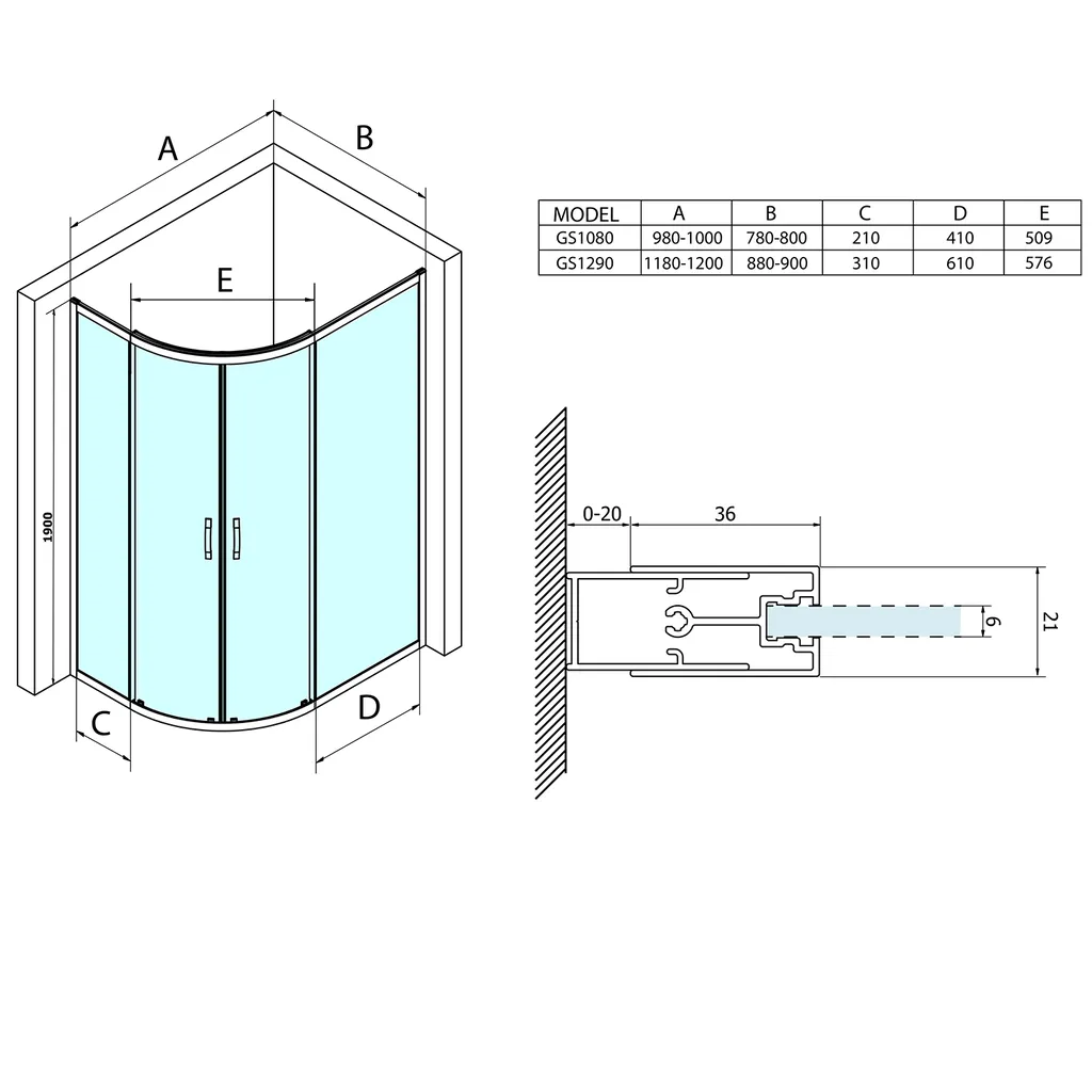 Gelco Sigma Simply Kwartronde douchecabine 100x80cm, R550, links/rechts, helder glas 8 Maattekening 1 Gelco Sigma Simply Kwartronde douchecabine 100x80cm, R550, links/rechts, helder glas