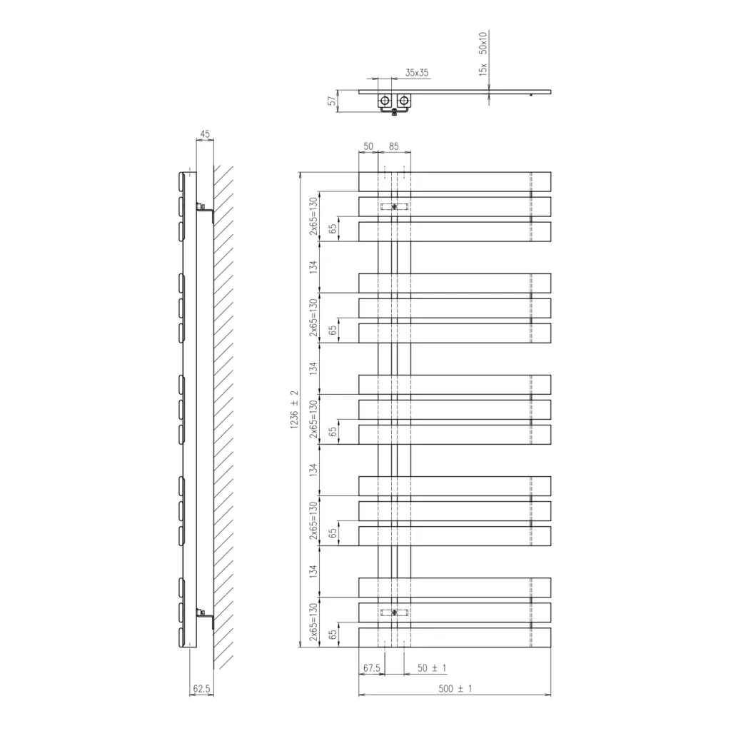 Sapho Silvana Badkamerradiator 50x123,6cm, wit 8 Maattekening 1 Sapho Silvana Badkamerradiator 50x123,6cm, wit