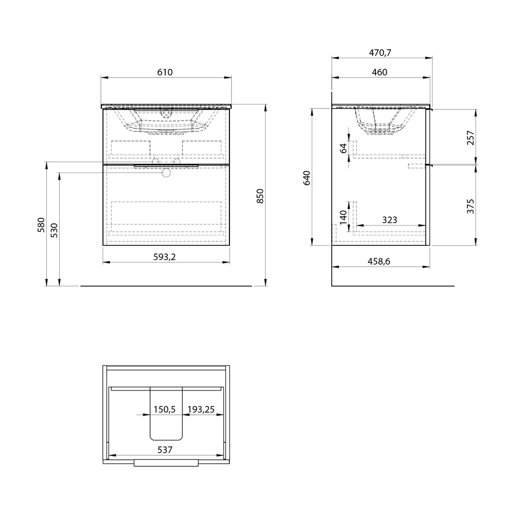 Sapho Cirasa Badkamermeubel 60cm met wastafel en LED-spiegel, 2 laden, hoogglans wit 5 Maattekening 1 Sapho Cirasa Badkamermeubel 60cm met wastafel en LED-spiegel, 2 laden, hoogglans wit