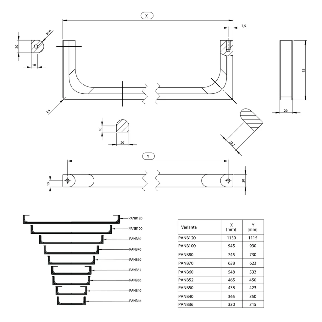 GSI Nubes Handdoekhouder 120cm, mat zwart 3 Maattekening 1 GSI Nubes Handdoekhouder 120cm, mat zwart
