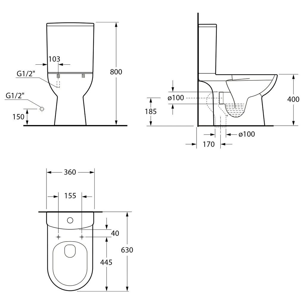 Aqualine Talamo Duobloktoilet, randloos, S-sifon/P-sifon, wit 5 Maattekening 1 Aqualine Talamo Duobloktoilet, randloos, S-sifon/P-sifon, wit