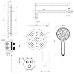 Maattekening 1 Sapho Smart Select Inbouwdoucheset met thermostatische mengkraan, 2 uitgangen, verstelbare douchehouder, chroom