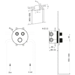 Maattekening 1 Sapho Smart Select Thermostatische inbouwdouchemengkraan met inbouwbox, 2 uitgangen, mat zwart