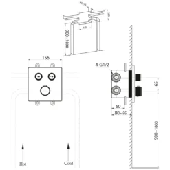 Maattekening 1 Sapho Smart Select Thermostatische inbouwdouchemengkraan met inbouwbox, 2 uitgangen, chroom