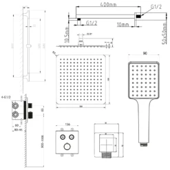 Maattekening 1 Sapho Smart Select Inbouwdoucheset met thermostatische mengkraan, 2 uitgangen, verstelbare douchehouder, mat goud