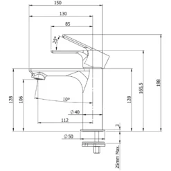 Maattekening 1 Sapho Pax Wastafelkraan, mat wit