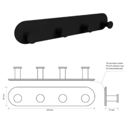 Maattekening 1 Sapho X-Round Black Self-zelfklevend 4-haak, mat zwart