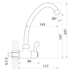 Maattekening 1 Aqualine Wandgemonteerde koudwaterkraan 1/2", draaibare uitloop, chroom