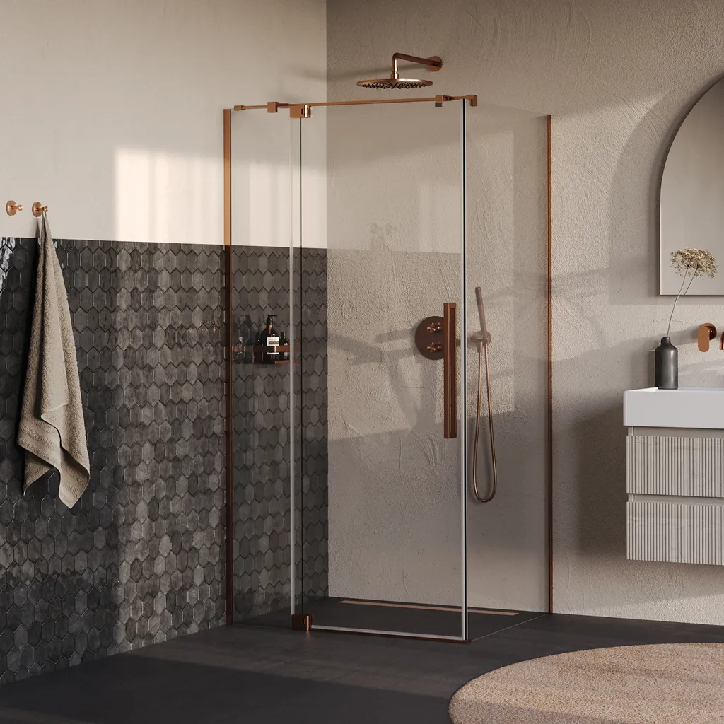 Brauer Stellar douchecabine met draaideur helder glas 100x90x200cm omkeerbaar incl. glascoating PVD koper geborsteld 1 afbeelding 1 Brauer Stellar douchecabine met draaideur helder glas 100x90x200cm omkeerbaar incl. glascoating PVD koper geborsteld