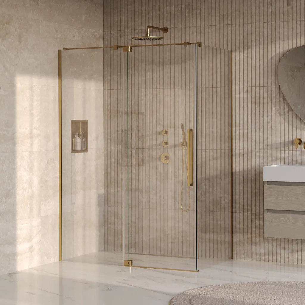 Brauer Stellar douchecabine met draaideur helder glas 140x80x200cm omkeerbaar incl. glascoating PVD goud geborsteld 1 afbeelding 1 Brauer Stellar douchecabine met draaideur helder glas 140x80x200cm omkeerbaar incl. glascoating PVD goud geborsteld