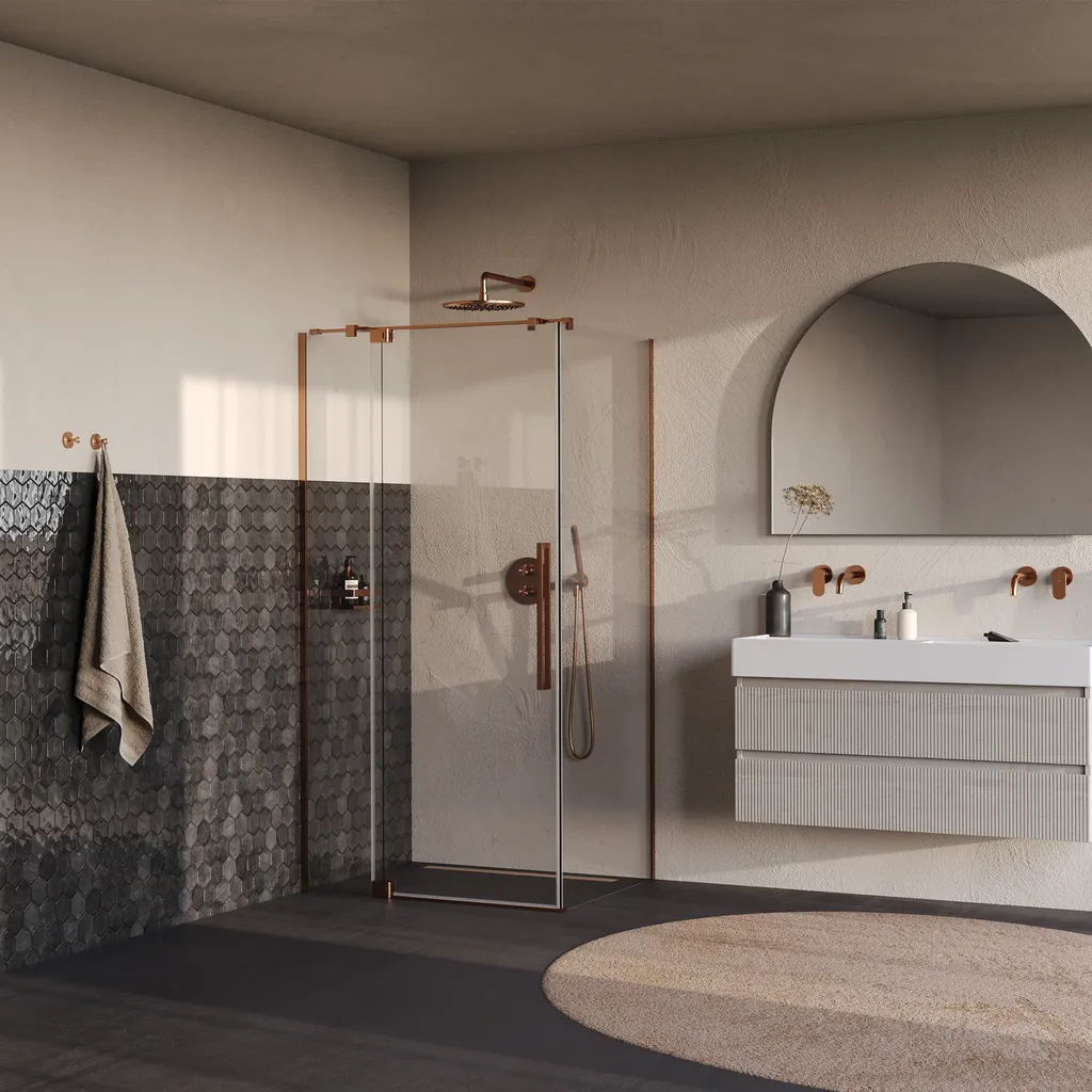 Brauer Stellar douchecabine met draaideur helder glas 100x90x200cm omkeerbaar incl. glascoating PVD koper geborsteld 2 afbeelding 2 Brauer Stellar douchecabine met draaideur helder glas 100x90x200cm omkeerbaar incl. glascoating PVD koper geborsteld