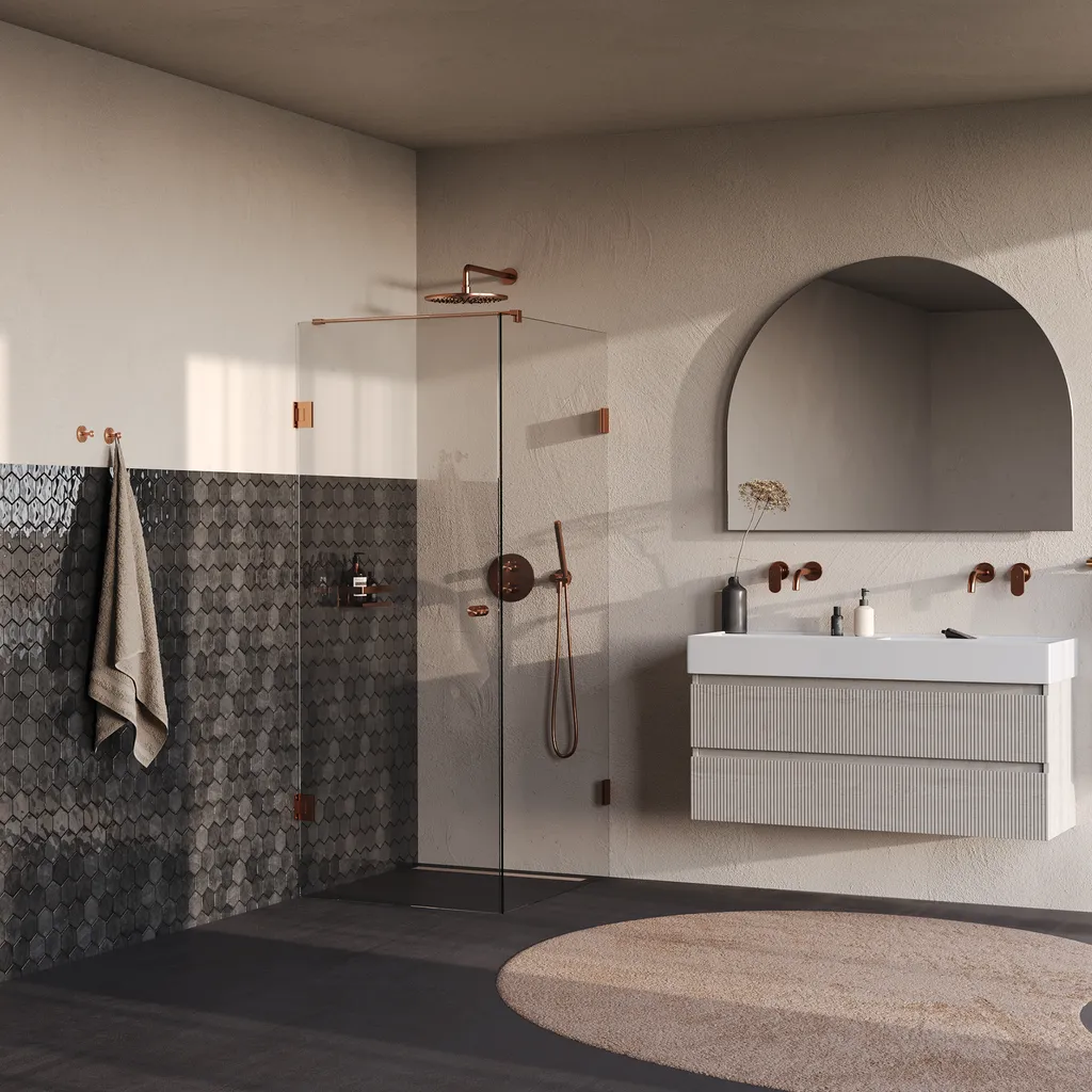 Brauer Void Carving douchecabine met draaideur helder glas 80x100x200cm incl. glascoating PVD koper geborsteld 2 afbeelding 2 Brauer Void Carving douchecabine met draaideur helder glas 80x100x200cm incl. glascoating PVD koper geborsteld