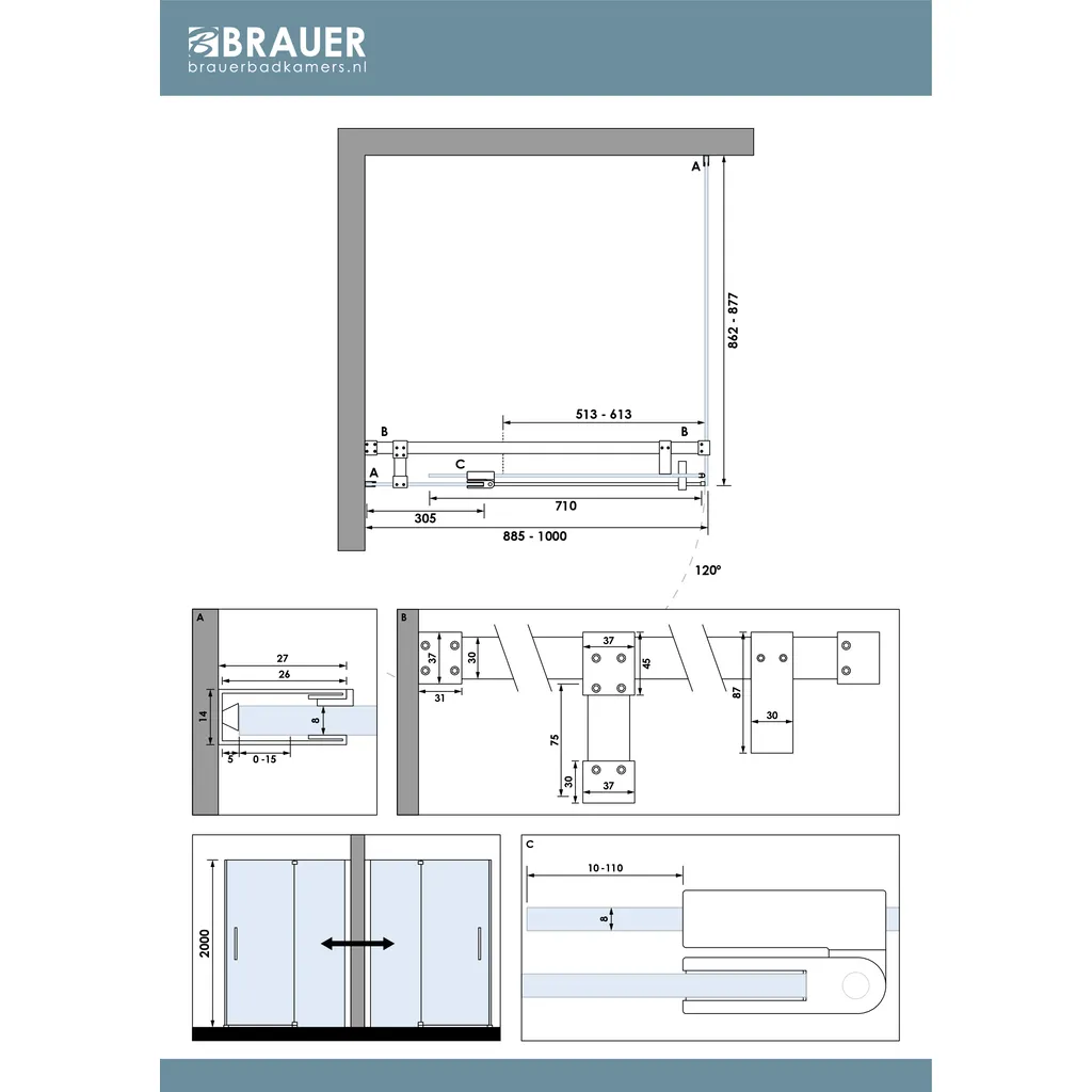 Brauer Stellar douchecabine met draaideur helder glas 100x90x200cm omkeerbaar incl. glascoating PVD goud geborsteld 7 maattekening 1 Brauer Stellar douchecabine met draaideur helder glas 100x90x200cm omkeerbaar incl. glascoating PVD goud geborsteld