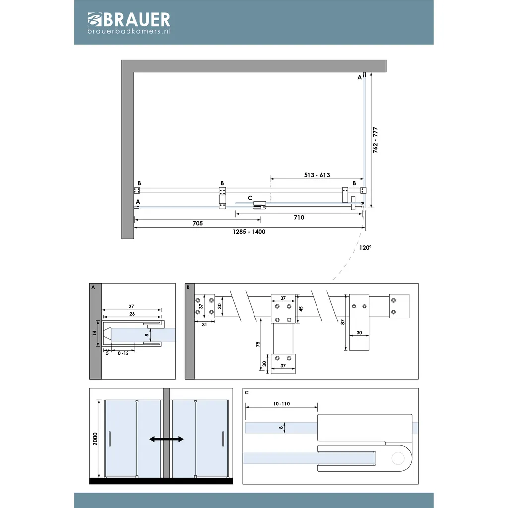Brauer Stellar douchecabine met draaideur helder glas 140x80x200cm omkeerbaar incl. glascoating PVD goud geborsteld 7 maattekening 1 Brauer Stellar douchecabine met draaideur helder glas 140x80x200cm omkeerbaar incl. glascoating PVD goud geborsteld