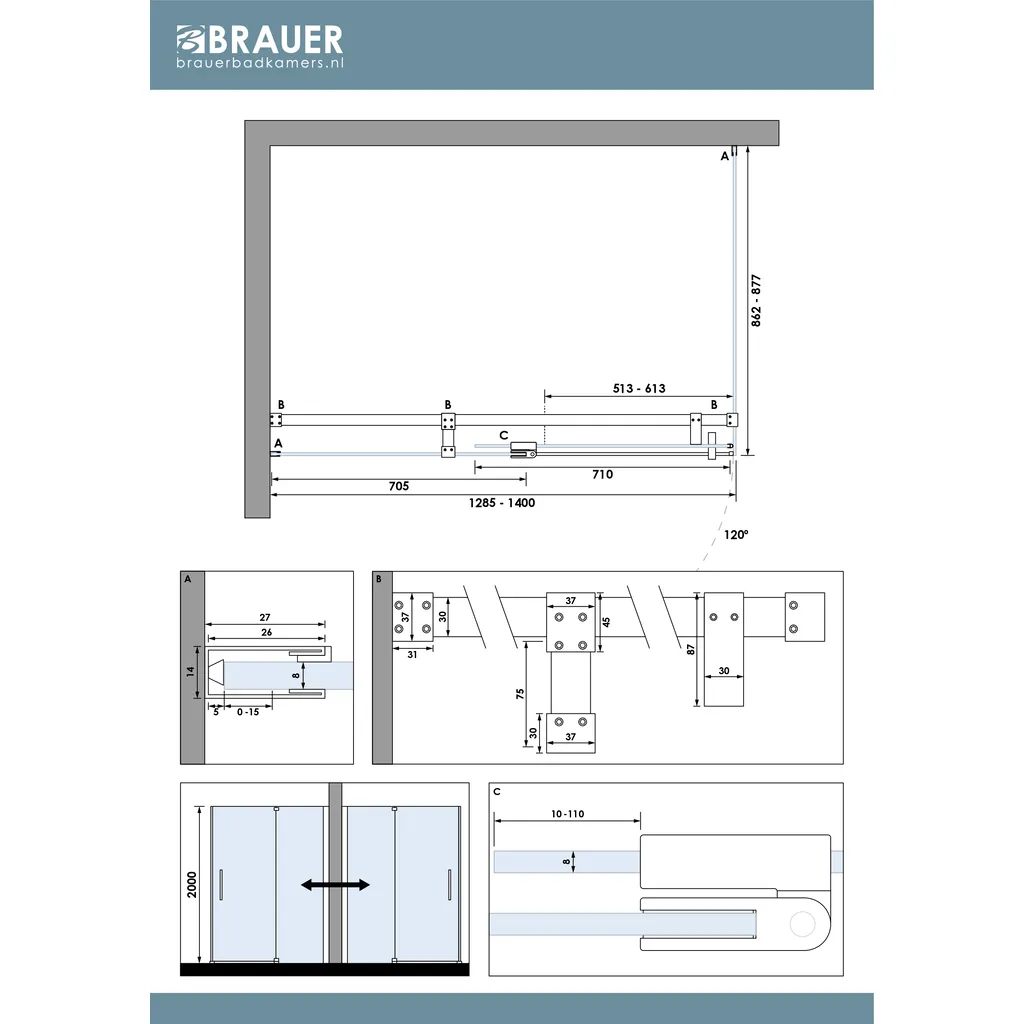 Brauer Stellar douchecabine met draaideur helder glas 140x90x200cm omkeerbaar incl. glascoating PVD koper geborsteld 7 maattekening 1 Brauer Stellar douchecabine met draaideur helder glas 140x90x200cm omkeerbaar incl. glascoating PVD koper geborsteld